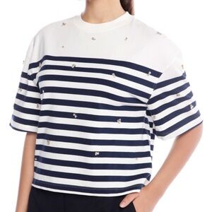Sandro Navy and White Embellished Striped Tee